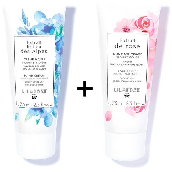Lilaroze Paris - Pack Handkräm Extrakt av Alpfjällsblomma Närar och Skyddar + Ansiktsskrubb Extrakt av Ros Exfolierar och Mjukgör