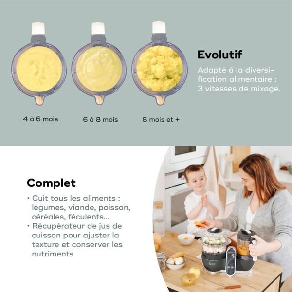 Babymoov Robot Cuiseur Bébé Nutribaby(+) - 6 i 1 - Ångkokare/Mixer - Stor kapacitet 2,2L, Grå