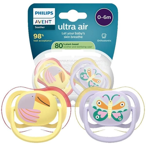 Bebissutter - Philips Avent - Ultra Air Happy SCF087 04 - ortodontisk silikon 0-6 månader - 2-pack med etui