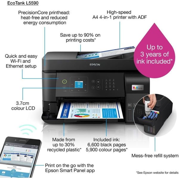 Multifunktionel printer - Epson - EcoTank L5590 - Blæk - A4 - 15 ppm sort/hvid