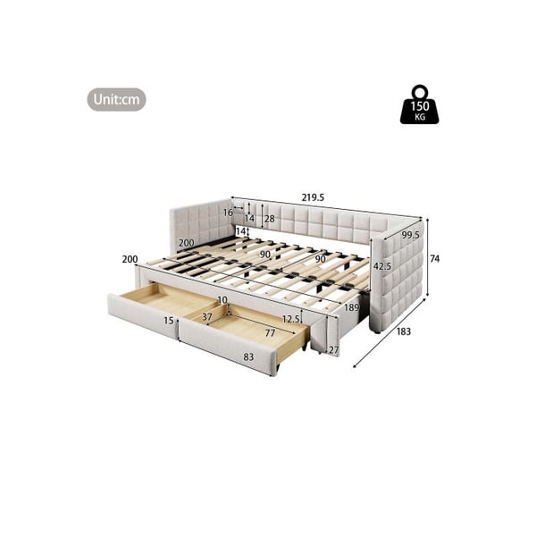 Lys i ljus, 90 x 200 cm, utdragbar (upp till 180), 2 lådor, utan madrass, beige