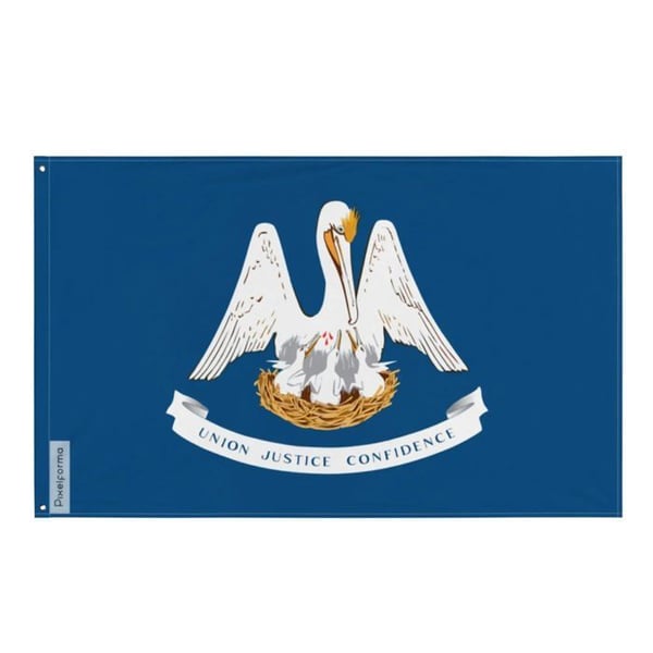 Louisianas flagga – 90 x 150 cm – Slitstark polyester – 2 metallöljett – Inomhus / Utomhus – Pixelforma