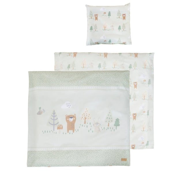 Reversibel Spjälsängsavsett ROBA - Woodland Buddies - 100% Bomull - Set 80x80 + Örngott 35x40 - Pastellgrön - Mönster med Djur