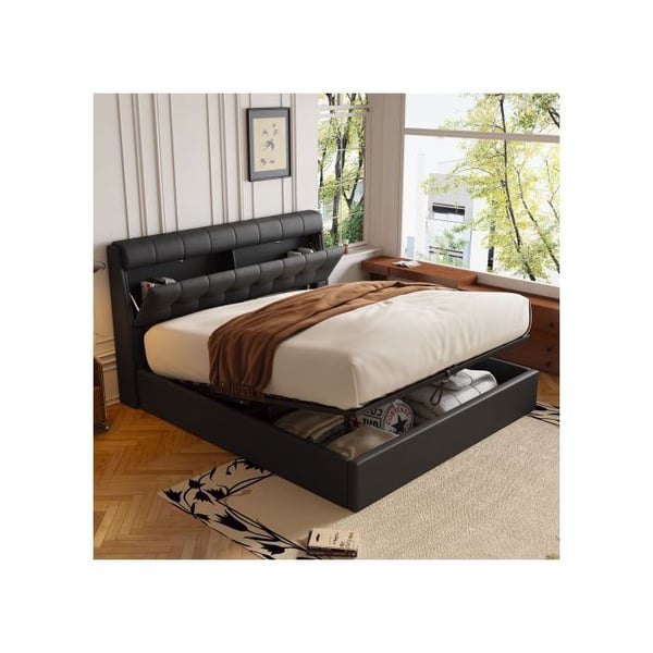 Lit - MUVOE - 140x200 - Polstret - Seng med opbevaring - Sort