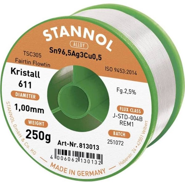 Stannol Kristall 611 Fairtin blyfri lödtenn Sn96.5Ag3Cu0.5 REM1 250g 1mm