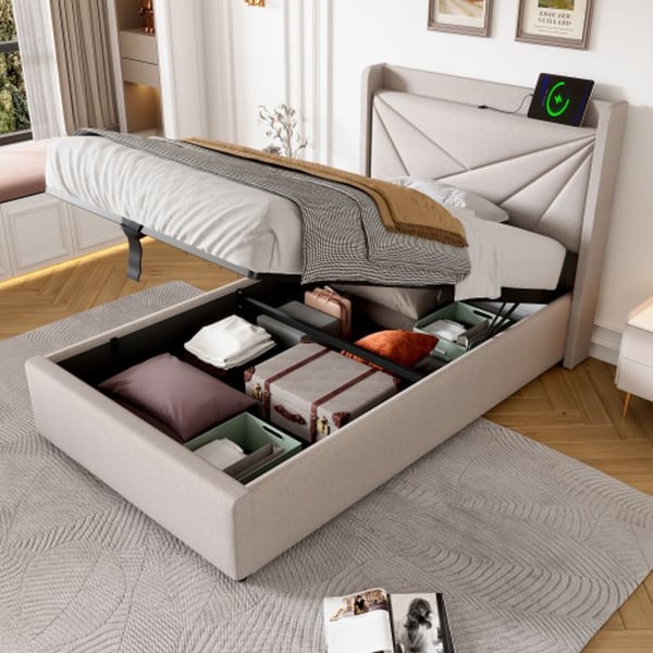 Lit simple - MUVOE - 90x200 cm - Hovedgærde med USB-opladning - Opbevaringskiste - Metal