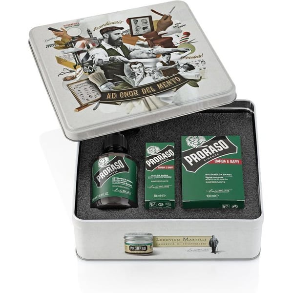 Skäggvårdsset - PRORASO - Uppfriskande - Rengöring, Olja, Balsam - 3 Viktiga Produkter