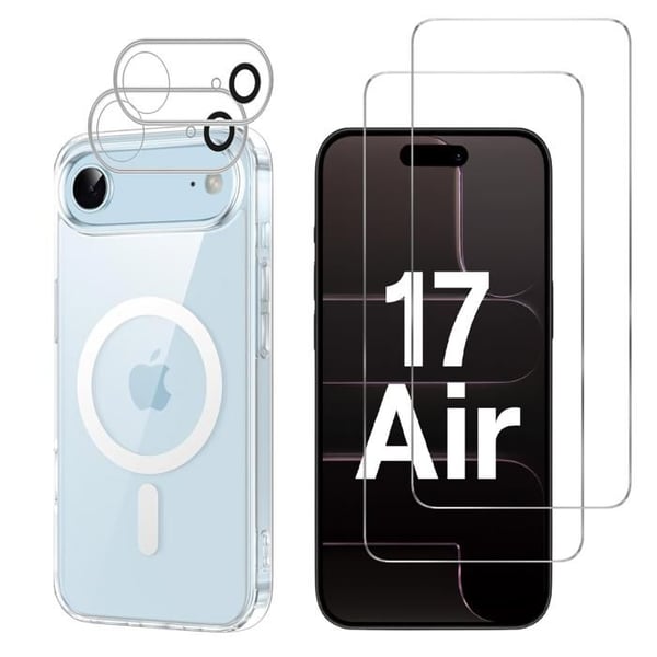 Coque för iPhone 17 AIR och 2 härdade glas skärmar och 2 kameraskydd - Integrerad magnetisk cirkel Phonillico®