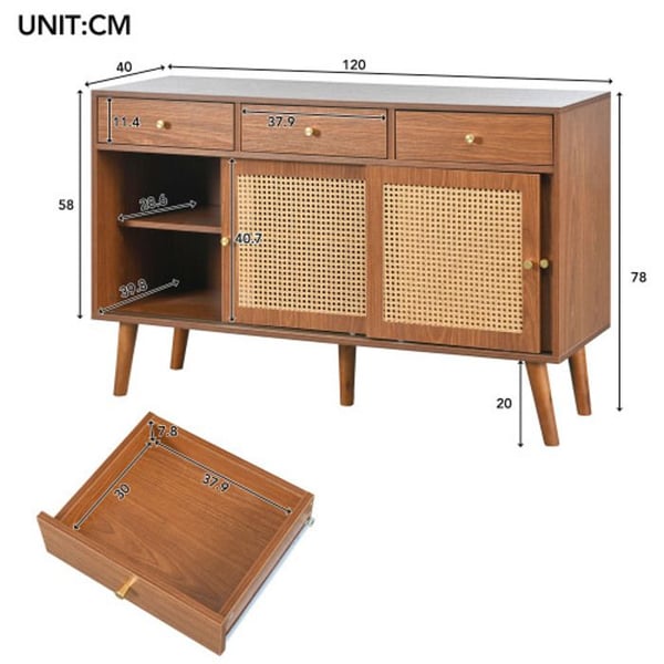 Buffet - MUVOE - 120x40x78 cm - 3 skuffer - 3 skydedøre - Valnød