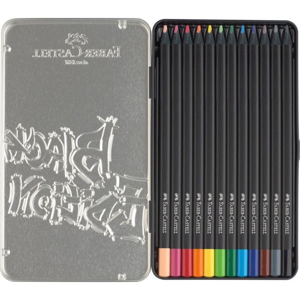 Farvekridt - Malebog - Metalæske med 12 kridt - Faber-Castell - Black edition