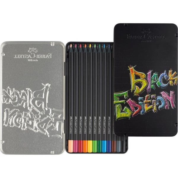Farvekridt - Malebog - Metalæske med 12 kridt - Faber-Castell - Black edition