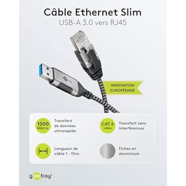 USB A 3.0 till RJ45 Ethernet-kabel - GOOBAY - Cat 6 - 1 Gbit/s - Slankt design - Kompatibel med Windows/macOS/Android