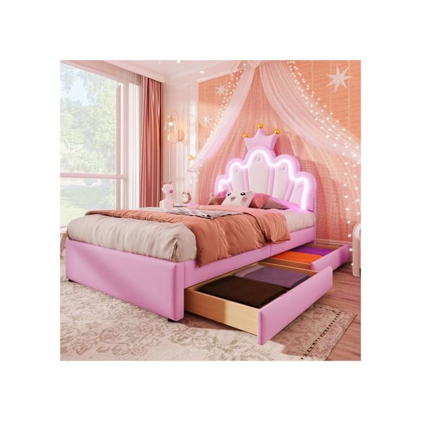 Säng med madrass - MUVOE - 90 x 200 cm - Rosa PU - Praktiska lådor - Justerbar sänggavl