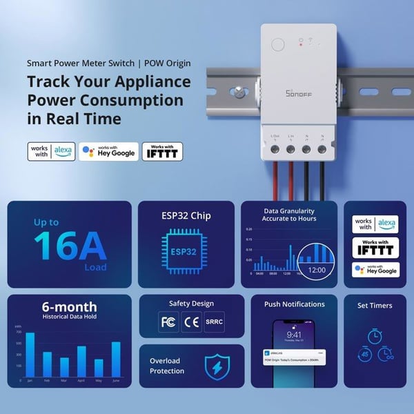 Intelligent switch - SONOFF - POW Origin - 16A - Wi-Fi 2.4GHz - Overbelastningsbeskyttelse