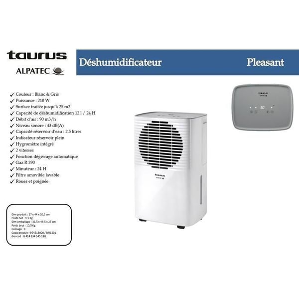 Taurus Alpatec Pleasant ilmankuivain, 210W, 2 nopeutta, 12L/24h säiliö, max pinta-alalle 25 m², ajastin