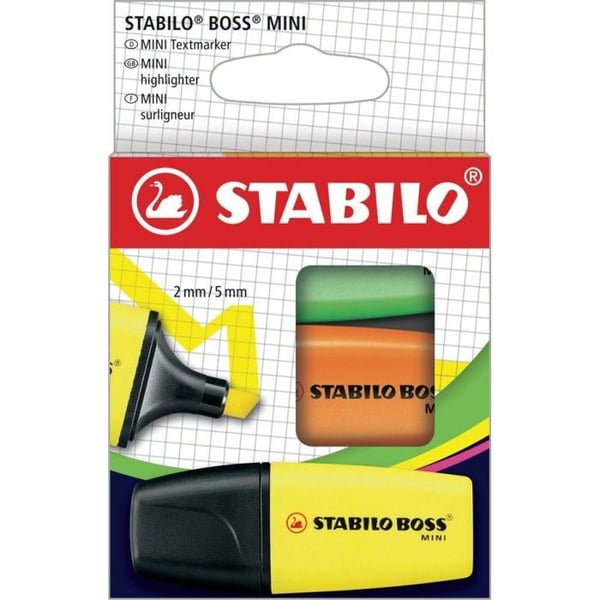 Surlighter - STABILO - BOSS MINI - Förpackning med 3 - Färger Gul, Grön, Orange - Sned spets