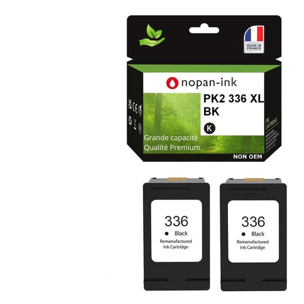336XL tillverkad i Frankrike, 2 återvunna bläckpatroner för HP 336 XL Svart C9362EE kompatibel med Photosmart 2570 2575 2710 8150 C