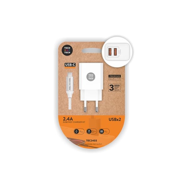 TECH ONE TECH Dubbelladdare + Tech One Tech USB-C-kabel, vit