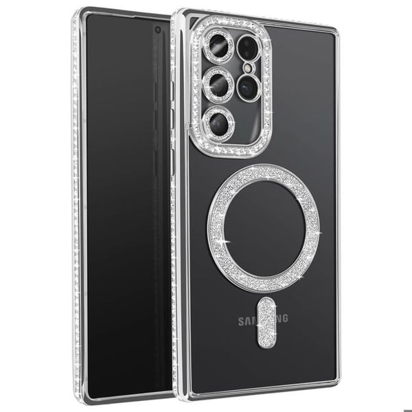 Skal - Samsung Galaxy S25 Ultra - Diamant - Strass Silver - Kompatibel med MagSafe