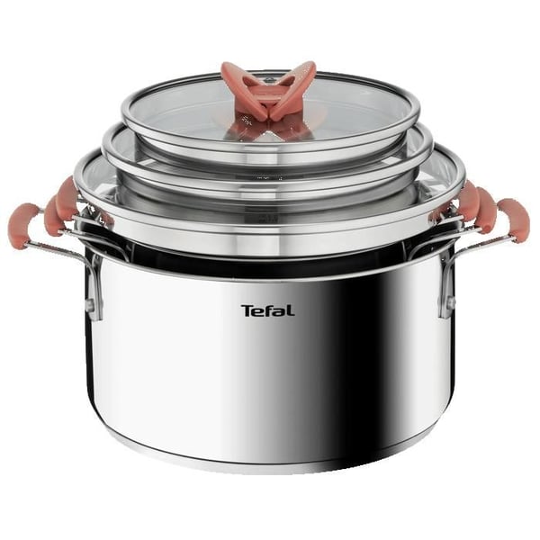 Tefal Opti'Space, Set med 6 delar Grytor 18/20/24 cm + lock, Induktion, Rostfritt stål, Stapelbar G720S674