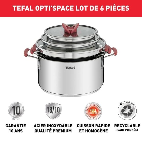 Tefal Opti'Space, Set med 6 delar Grytor 18/20/24 cm + lock, Induktion, Rostfritt stål, Stapelbar G720S674