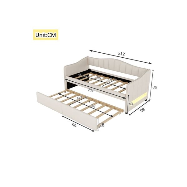 Dagbed - Minimalistisk - 90x200 cm - Beige - Sengeklapseng - Justerbart LED-lys