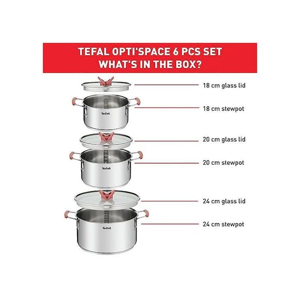 Tefal Opti'Space, Set med 6 delar Grytor 18/20/24 cm + lock, Induktion, Rostfritt stål, Stapelbar G720S674