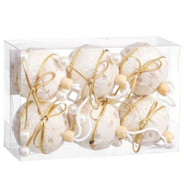 Julkulor - BIGBUY JUL - Set av 6 - Vita och gyllene - 6 cm - Polyfoam och tyg