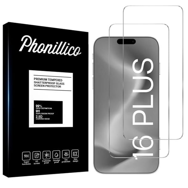 Härdat glas för iPhone 16 PLUS [Pack 2] Skyddsfilm för skärmen Phonillico®