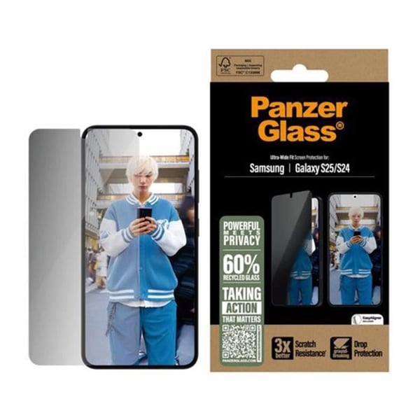 Skærmbeskyttelse - PanzerGlass - Galaxy S25 - Privatlivsfilter - Anti-fingeraftryk belægning - Stødbeskyttelse