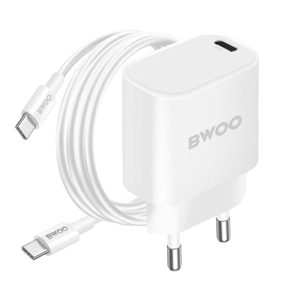 USB C Vägghybrider - BWOO - 20W - Power Delivery - 1m Kabel - Vit