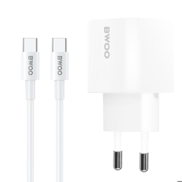 USB C Vägghybrider - BWOO - 20W - Power Delivery - 1m Kabel - Vit