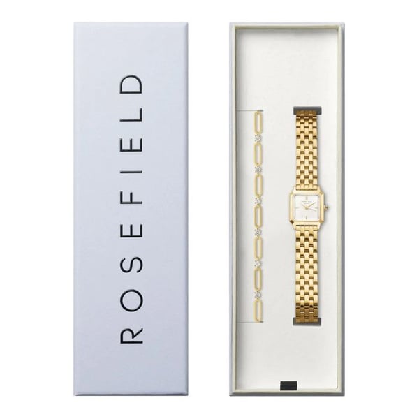 Klocka - ROSEFIELD - Set - Fyrkantig boett 20 mm - Facetterat glas - Armband i guldpläterad stål med stenar