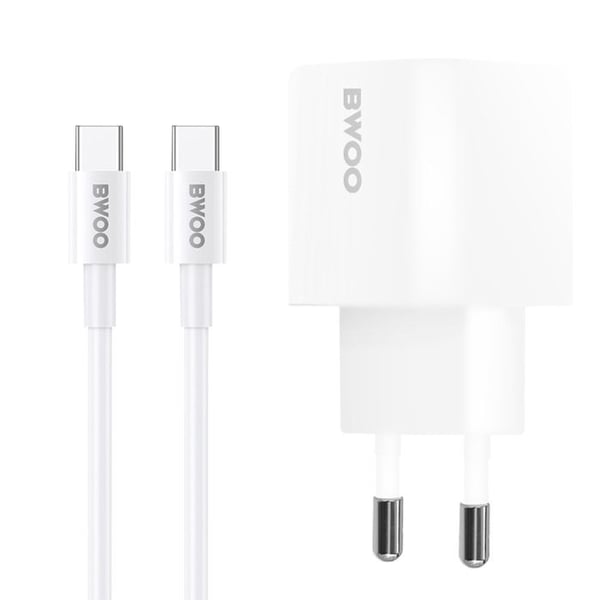 USB C Vägghybrider - BWOO - 20W - Power Delivery - 1m Kabel - Vit