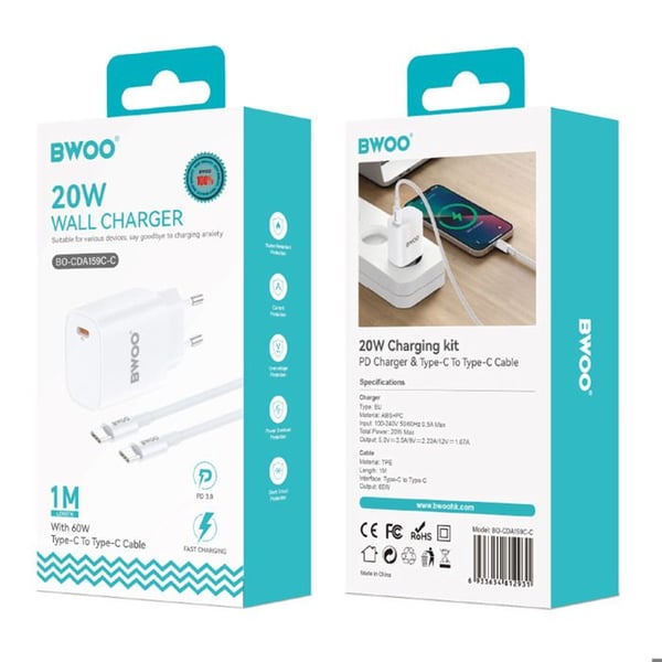 USB C Vägghybrider - BWOO - 20W - Power Delivery - 1m Kabel - Vit