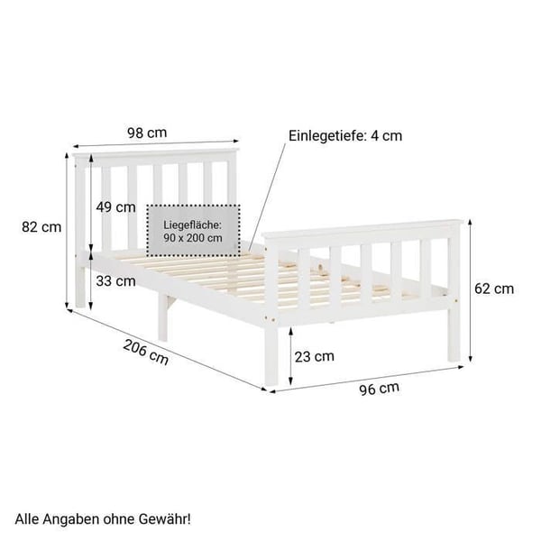 Säng i trä 90 x 200 cm, vit | Enkelsäng | Med ribbotten | Barnrum, tonårsrum eller gästrum