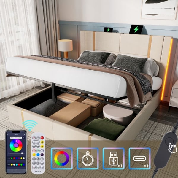 Polstret seng - MUVOE - 140x200 - USB & LED - Opbevaringsplads - Beige