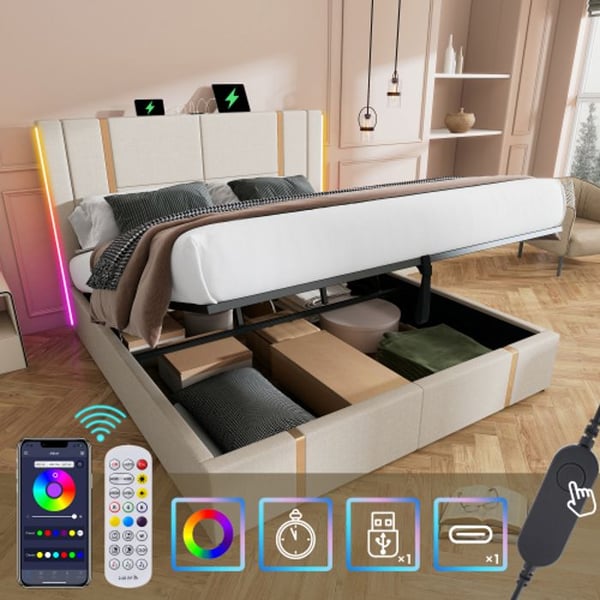 Polstret seng - MUVOE - 140x200 - USB & LED - Opbevaringsplads - Beige
