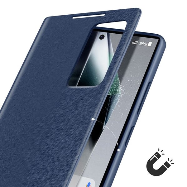 Fodral Fönster - Samsung - Galaxy S24 Ultra - Mörkblå Läder - Kortficka - Magnetstängning