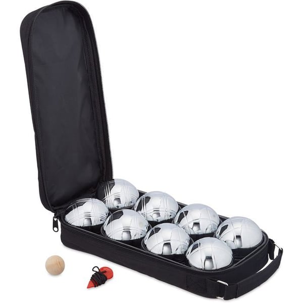 Set med 8 metall boule-pétanque, med cochonnet och måttband, väska, utomhusspel, silver och svart