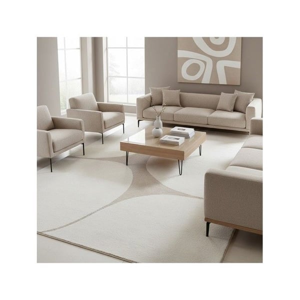 Modern abstrakt matta med organiska former i tät 12 mm sammet, elegant vardagsrum (Dimension: 160x220 cm - Färg: Crème)