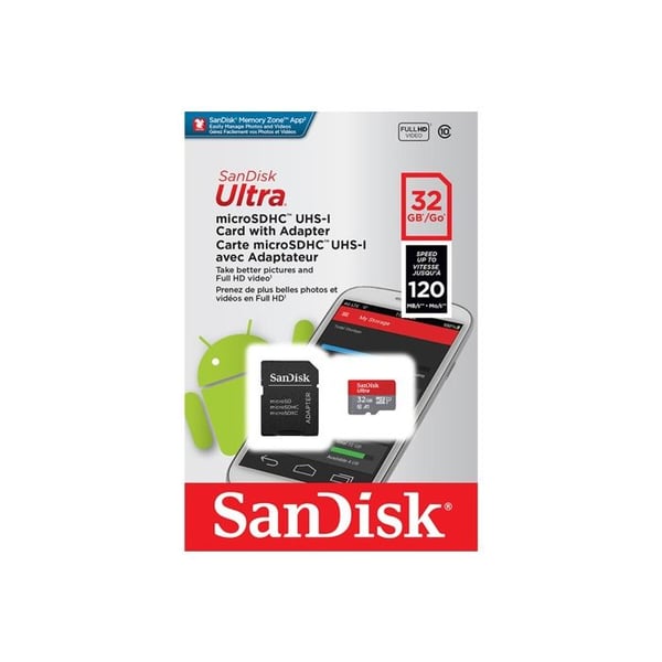 SanDisk Ultra 32 GB microSDHC-minneskort + SD-adapter Grå och röd