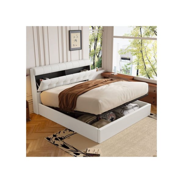 Seng - MUVOE - 140x200 - Skjult opbevaring - Lamelseng - Hvid
