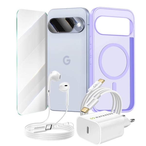 Tillbehörspaket - MAYAXESS - Pixel 10 - Lila skal - Snabbladdare USB-C - USB-C hörlurar