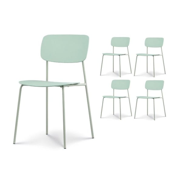 Set med 4 gröna stolar i minimalistisk design av metall och resin.