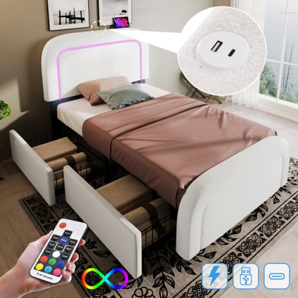 Sengestel - MUVOE - 90x200cm - USB Type C - LED-belysning - 2 skuffer