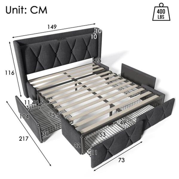 Seng - MUVOE - 140x200 cm - USB hovedgærde - 4 skuffer - Grå