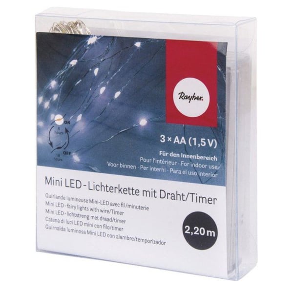 Mini-ljusslinga LED med sladd/timer, 220cm, 20LED, batteridriven, vit