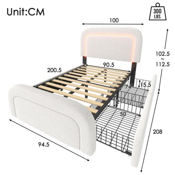 Sengestel - MUVOE - 90x200cm - USB Type C - LED-belysning - 2 skuffer