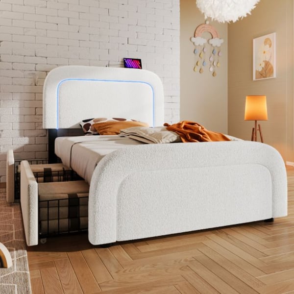 Sengestel - MUVOE - 90x200cm - USB Type C - LED-belysning - 2 skuffer